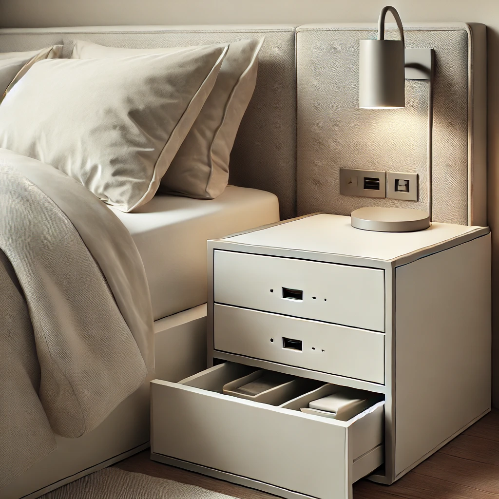 A minimalist bedroom featuring a sleek nightstand with built-in USB ports and hidden compartments, showcasing neutral tones and a clean, organized aesthetic