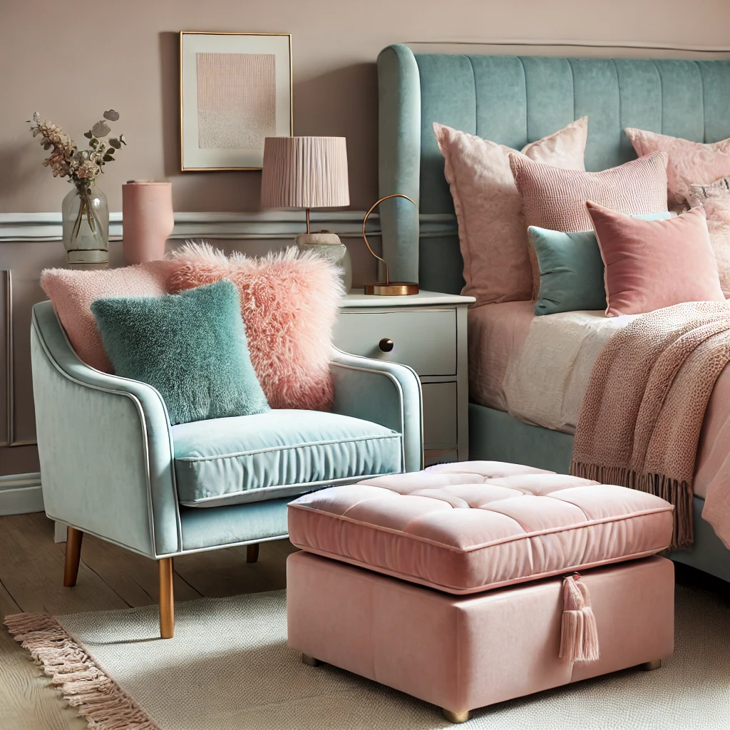 A cozy bedroom corner featuring a velvet accent chair and a storage ottoman in pastel tones, accented with decorative cushions and a soft throw for a stylish and functional seating area