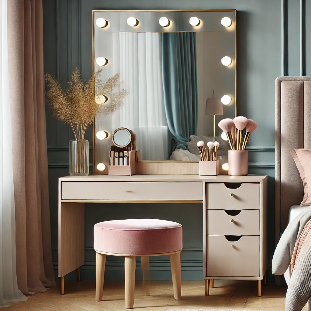 A modern bedroom setup featuring a trendy vanity table with drawers, paired with an LED mirror that has a gold-accented frame, pastel-toned accessories, and a velvet stool for a luxurious touch