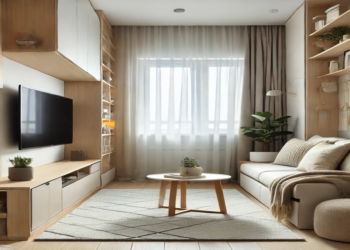 A stylish and modern small living room with a wall-mounted TV, compact furniture, and cozy décor. The arrangement showcases space-saving techniques and creative TV placement