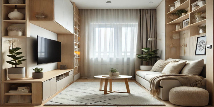 A stylish and modern small living room with a wall-mounted TV, compact furniture, and cozy décor. The arrangement showcases space-saving techniques and creative TV placement