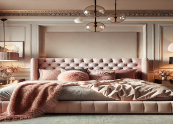 A stunning modern bedroom with soft blush pink and beige tones, an upholstered bed with a tufted headboard, and stylish lighting, showcasing feminine and elegant design