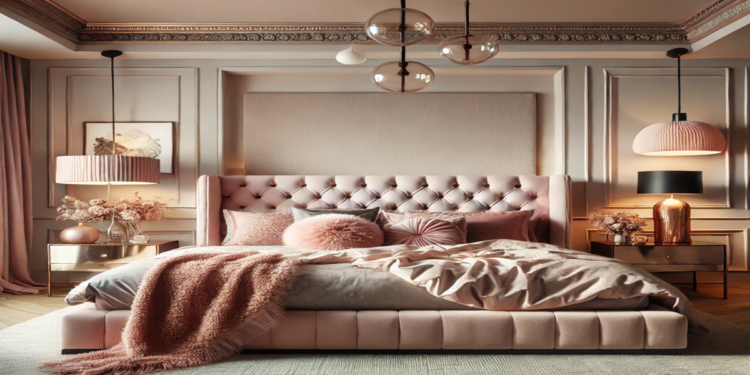 A stunning modern bedroom with soft blush pink and beige tones, an upholstered bed with a tufted headboard, and stylish lighting, showcasing feminine and elegant design