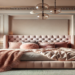 A stunning modern bedroom with soft blush pink and beige tones, an upholstered bed with a tufted headboard, and stylish lighting, showcasing feminine and elegant design
