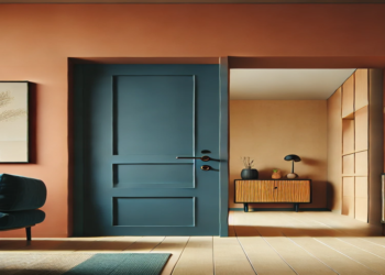A stylish modern entryway featuring a navy blue door, terracotta walls, and minimalistic decor. The design emphasizes trendy color combinations for a welcoming atmosphere