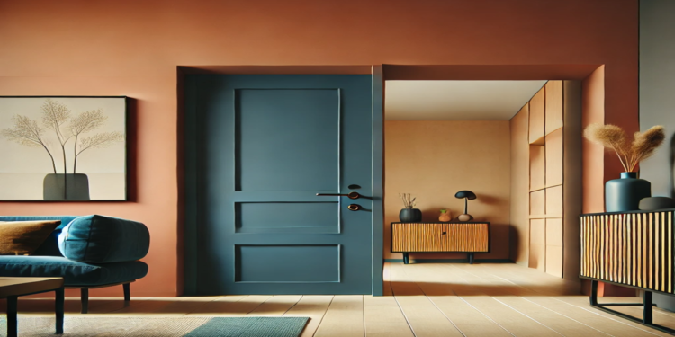 A stylish modern entryway featuring a navy blue door, terracotta walls, and minimalistic decor. The design emphasizes trendy color combinations for a welcoming atmosphere