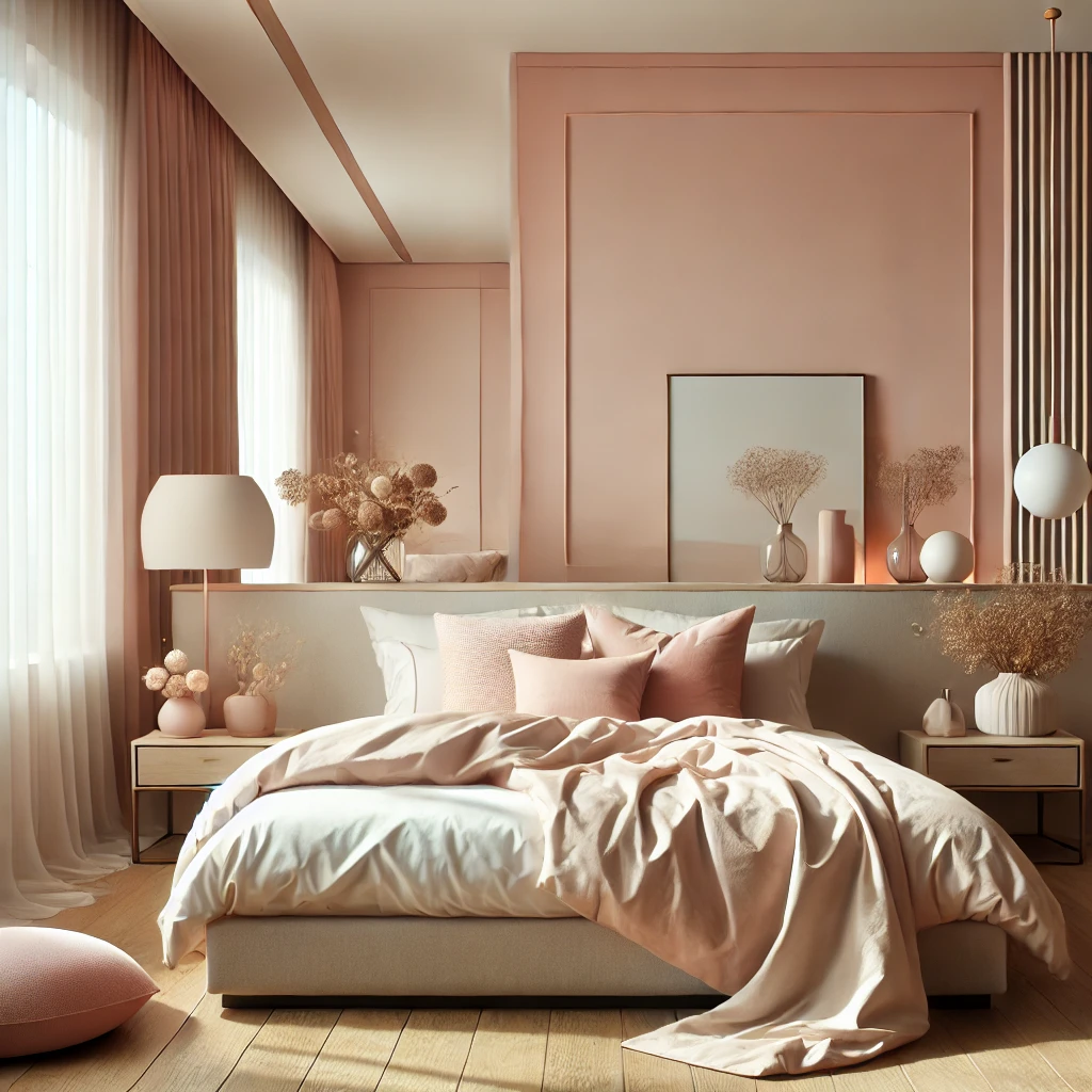 A modern bedroom with blush pink and beige tones, accented with soft pastel bedding and minimalist decor for a serene atmosphere