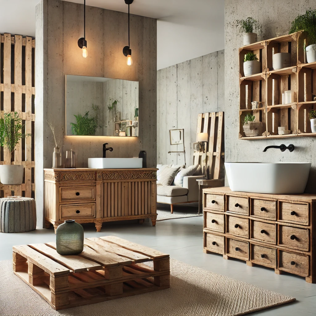 A modern interior showcasing repurposed furniture, including an old dresser transformed into a bathroom vanity with a sleek basin and a wooden pallet redesigned as a rustic coffee table, featuring minimalist decor and soft lighting