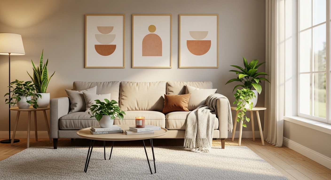 Minimalist living room decorated with affordable furniture, cozy accents, and natural light showcasing budget-friendly home design.