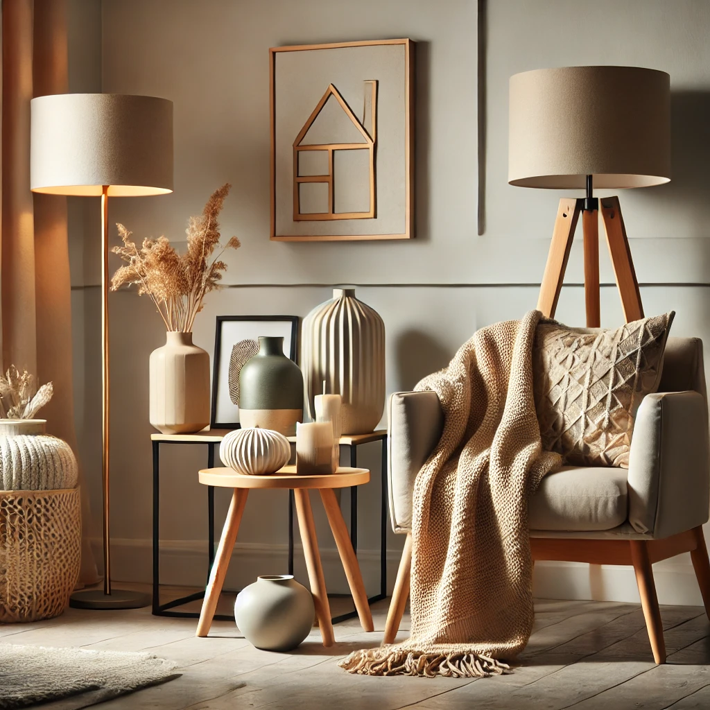 A cozy living room corner featuring small decorative vases on a side table, a trendy throw blanket on a modern armchair, and a stylish table lamp, with a warm minimalist design