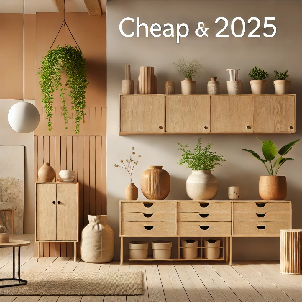 A modern minimalist living space featuring neutral color tones, terracotta pots with greenery, sleek multi-functional furniture, and a storage cabinet with natural finishes, showcasing practical and budget-friendly decor trends for 2025