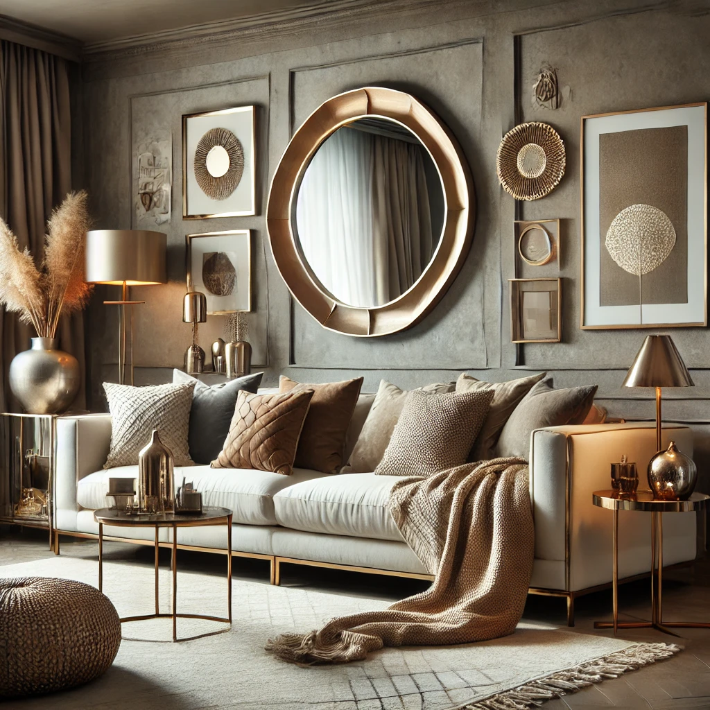 A luxurious living room featuring a large decorative mirror, layered textures with a neutral rug, plush cushions, and throws, accented with gold and bronze decor for an upscale yet budget-friendly design