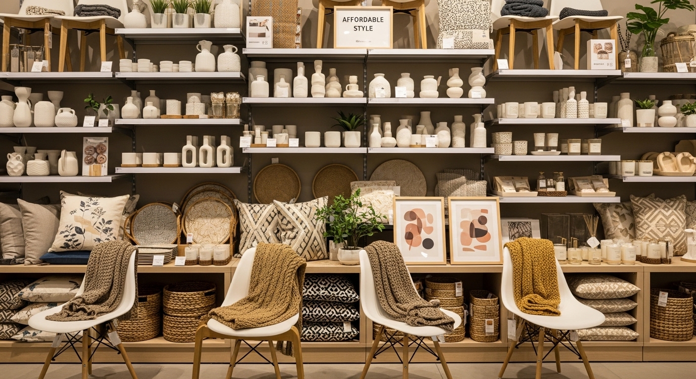 Affordable home decor display with budget-friendly furniture, decorative items, and cozy accents in a stylish interior store.