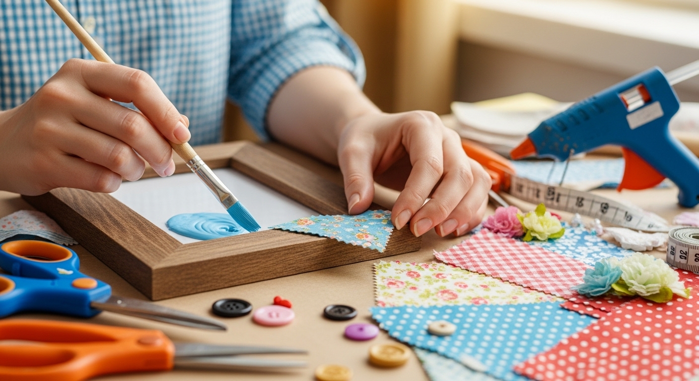 Hands crafting a DIY home decor project with paint, brushes, and natural materials for a personalized touch.