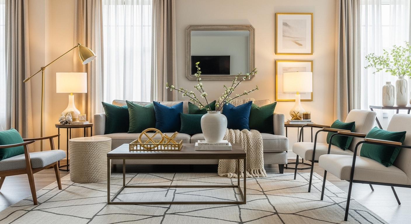 Elegant living room with affordable luxury design, featuring plush furniture, stylish lighting, and budget-friendly accents.