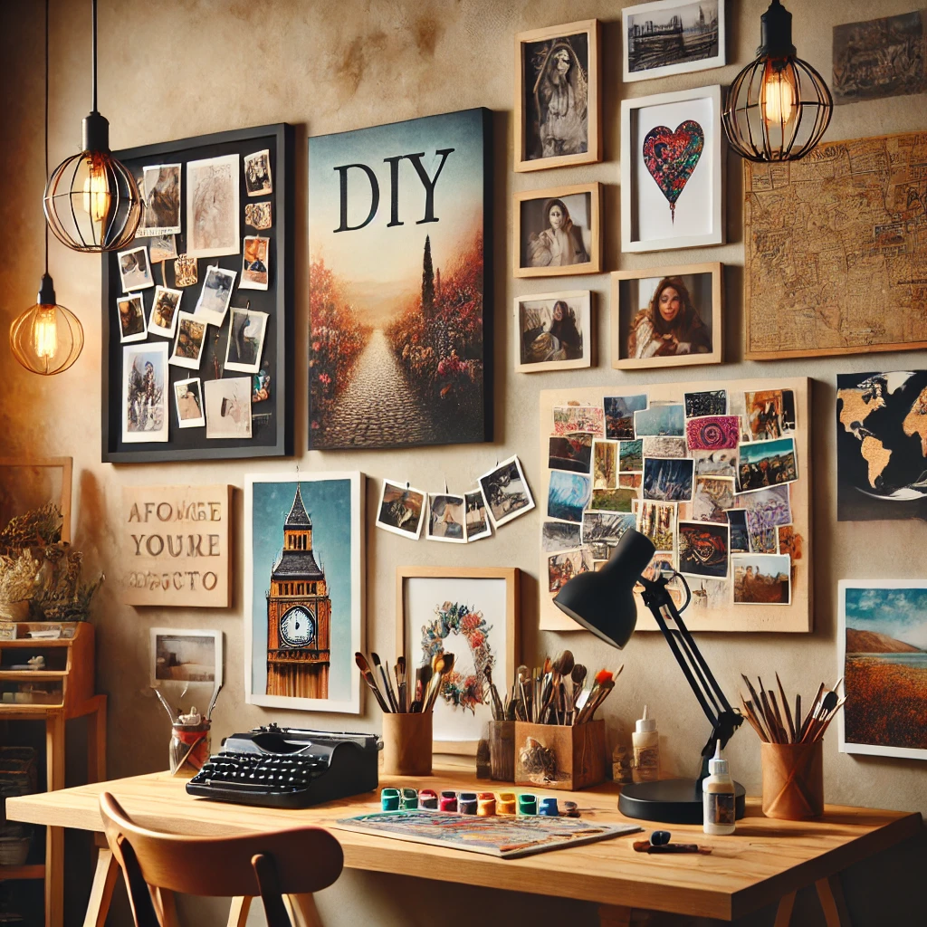 A cozy workspace featuring DIY wall art, including painted canvas, framed family photos, postcards, and old-world maps, with art supplies on a desk and warm lighting emphasizing personalized and affordable decor