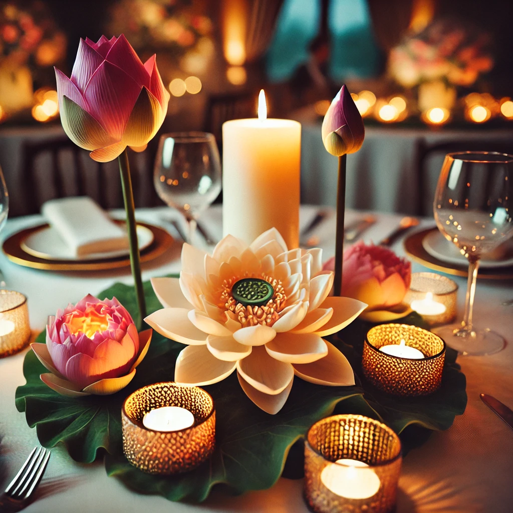 A beautiful table setting featuring lotus flowers and candles, creating a cozy ambiance for romantic dinners and events