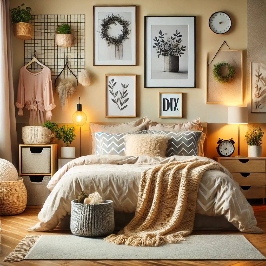 A cozy bedroom featuring new bed linens, a comfortable throw blanket, decorative storage baskets, and DIY wall art, creating a personal and inviting space with affordable decor