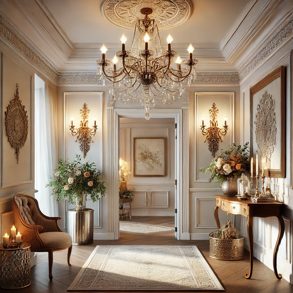 A well-decorated foyer with a chandelier, console table adorned with decorative items, and wall art, styled to create a welcoming and elegant ambiance