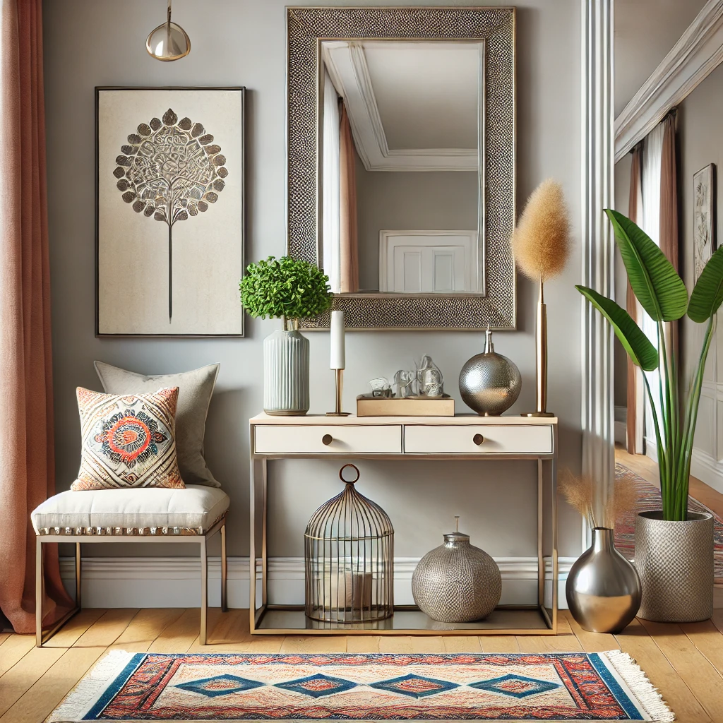 A stylish foyer featuring a decorative mirror above a console table, a small bench for seating, and a vibrant rug, complemented by practical storage and elegant accents like a vase and artwork