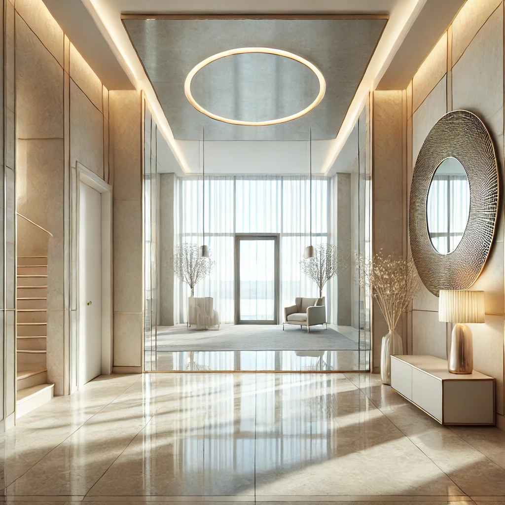 A modern foyer with a large decorative mirror, light-colored walls, minimal furniture, and bright natural lighting, creating an open and airy appearance