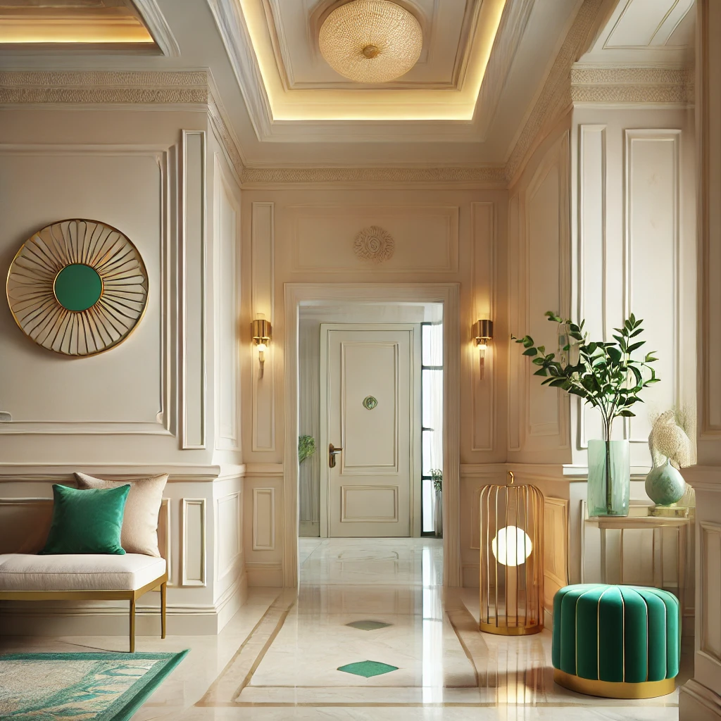 A foyer with light cream walls, pastel accents, and a pop of emerald green in decorative elements, blending warmth and sophistication with a modern touch