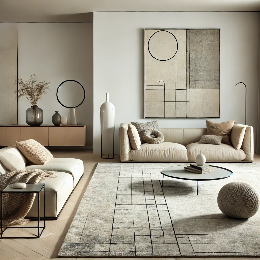 A minimalist living room with clean lines, neutral tones, and statement furniture like a modern sofa and an artistic rug, showcasing contemporary interior design