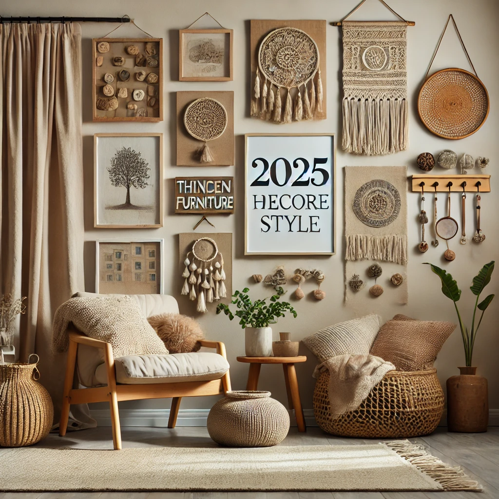 A cozy room featuring DIY wall art, thrifted furniture, and textiles like linen curtains and a woven wool blanket, showcasing affordable and inviting 2025 decor styles