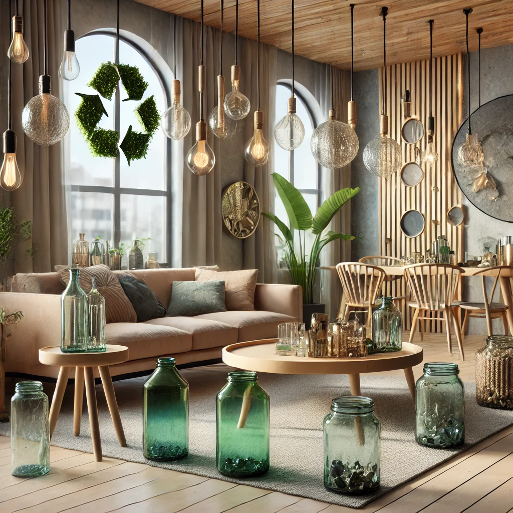 A stylish room with recycled glass décor, upcycled wooden furniture, and energy-efficient lighting, reflecting modern and eco-friendly home decor for 2025