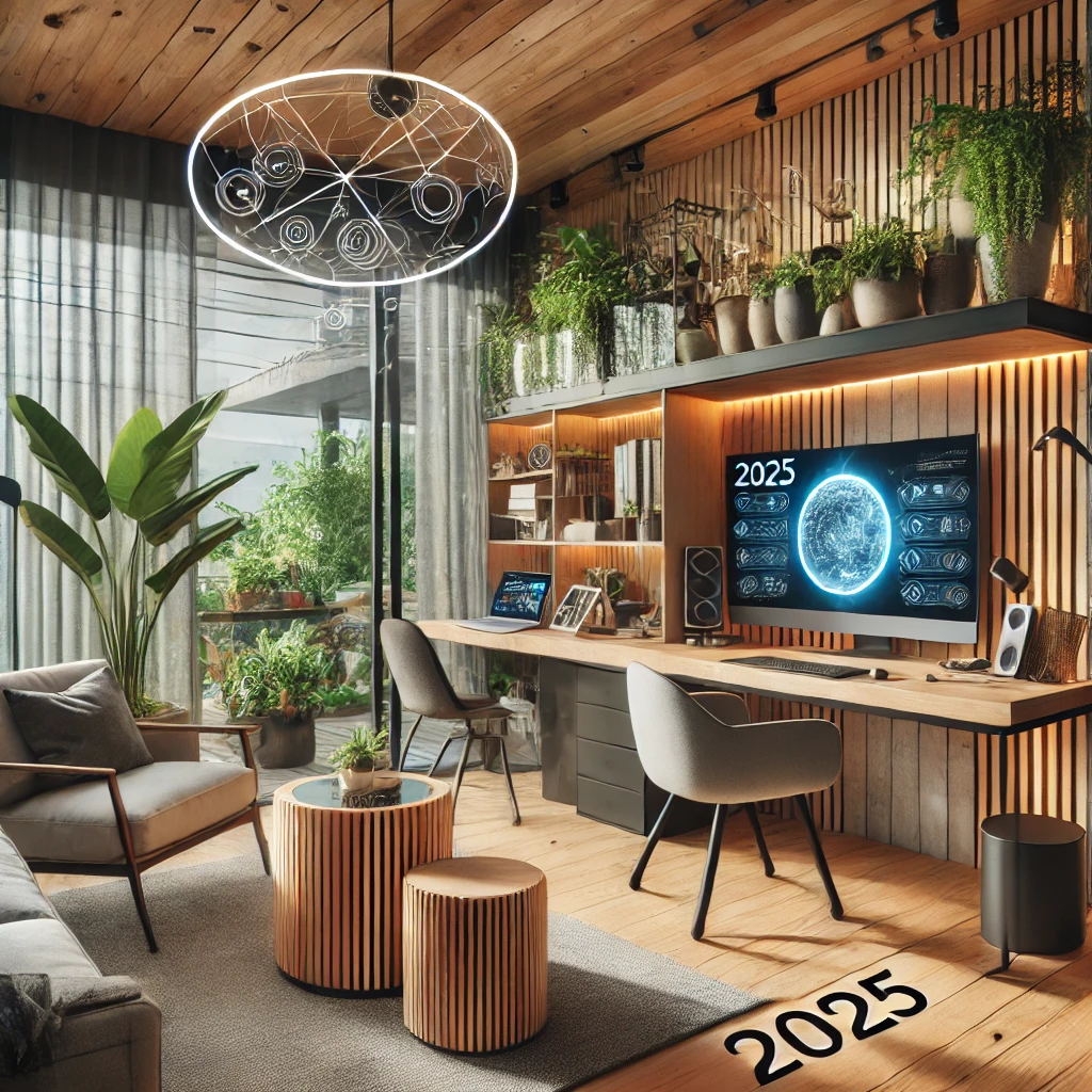 A modern multifunctional space with a home office integrated into a cozy entertainment area, featuring biophilic design and smart home technology, showcasing 2025 design trends