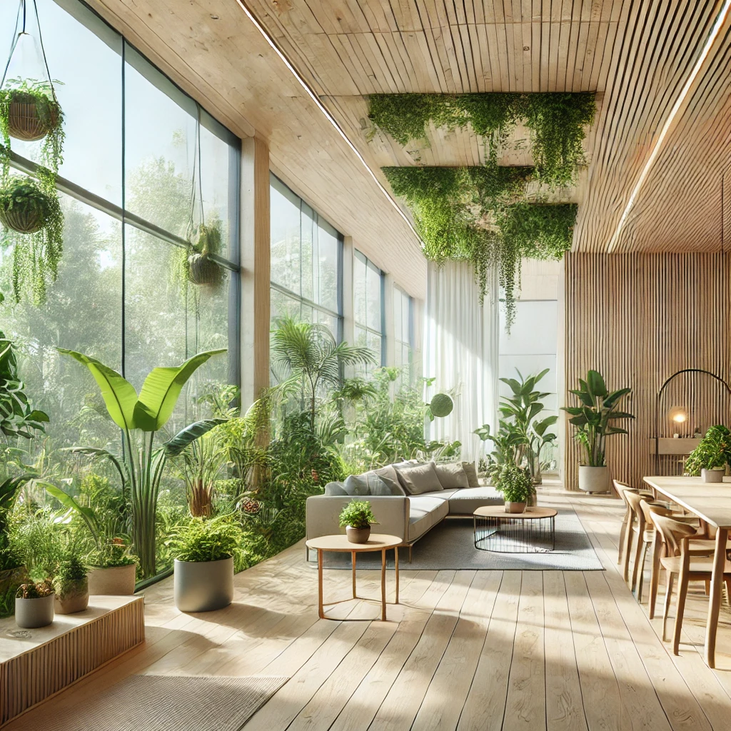 A light-filled room with large windows, indoor plants, and natural wood furniture, seamlessly blending indoor and outdoor spaces to showcase biophilic design elements for 2025