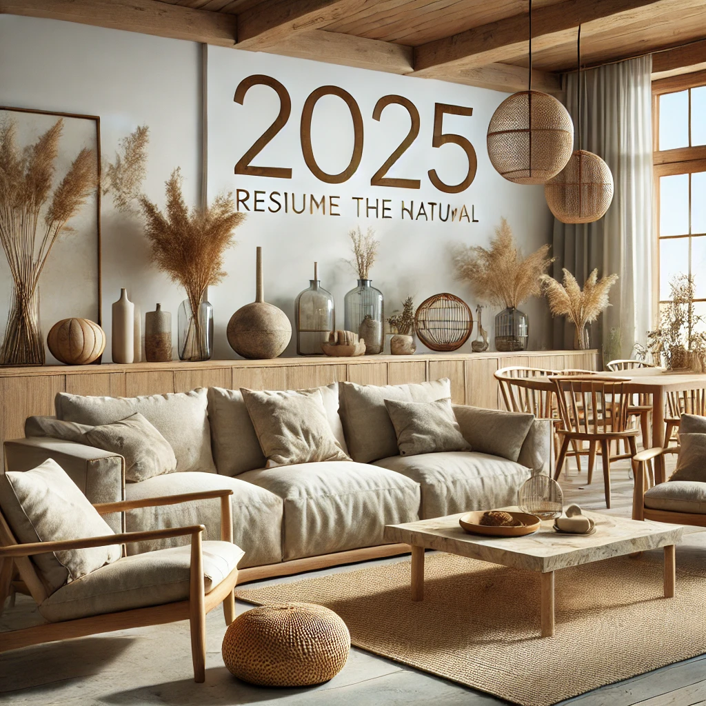 A chic living room featuring wooden furniture, stone countertops, and linen upholstery, celebrating the use of natural materials in home decor for 2025