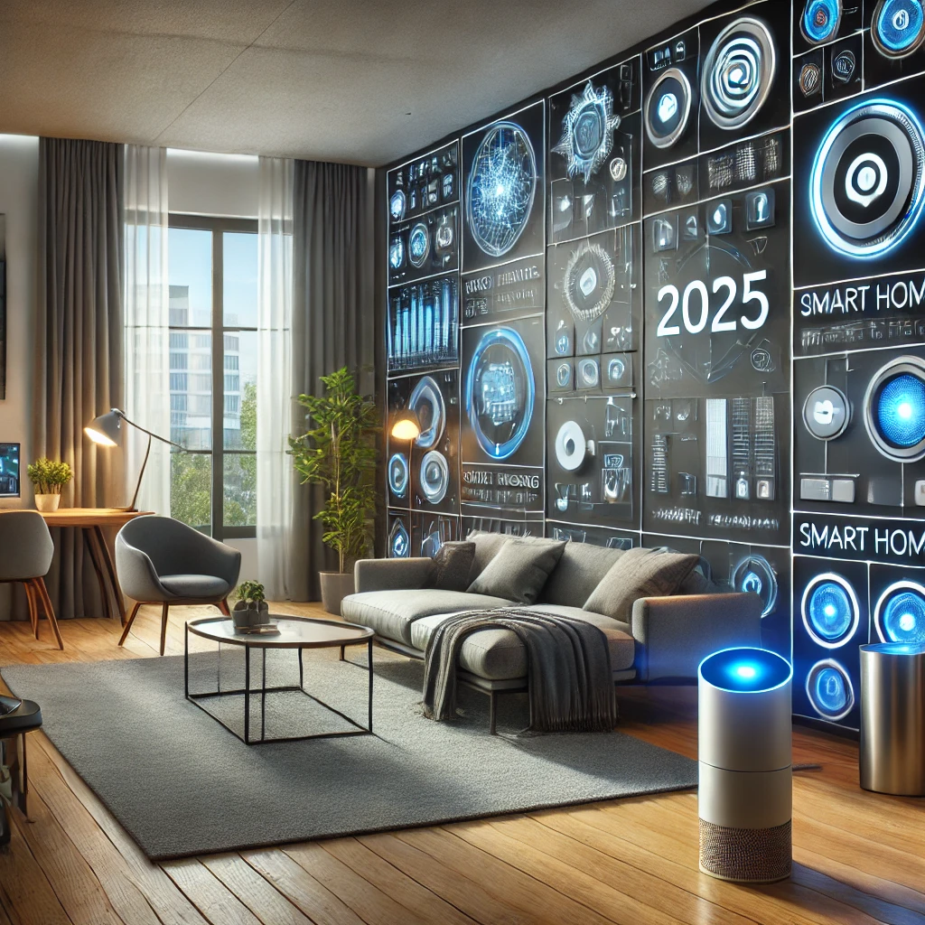 A high-tech living space with voice-activated smart lighting, automated thermostats, and integrated security systems, showcasing smart home trends in 2025 interior design