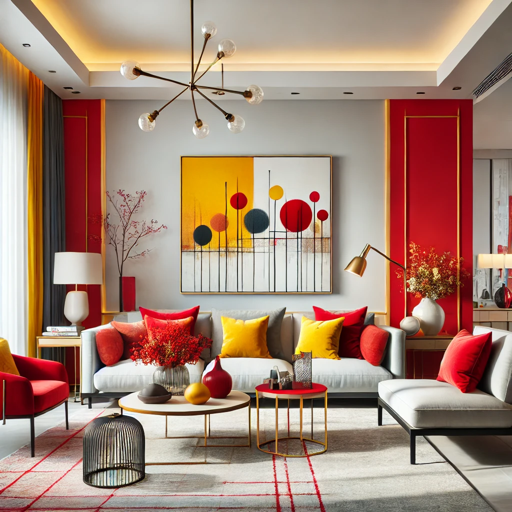 A modern living room with vibrant red and yellow accents, including cushions and artwork, paired with neutral furniture, showcasing the transformative power of bold colors