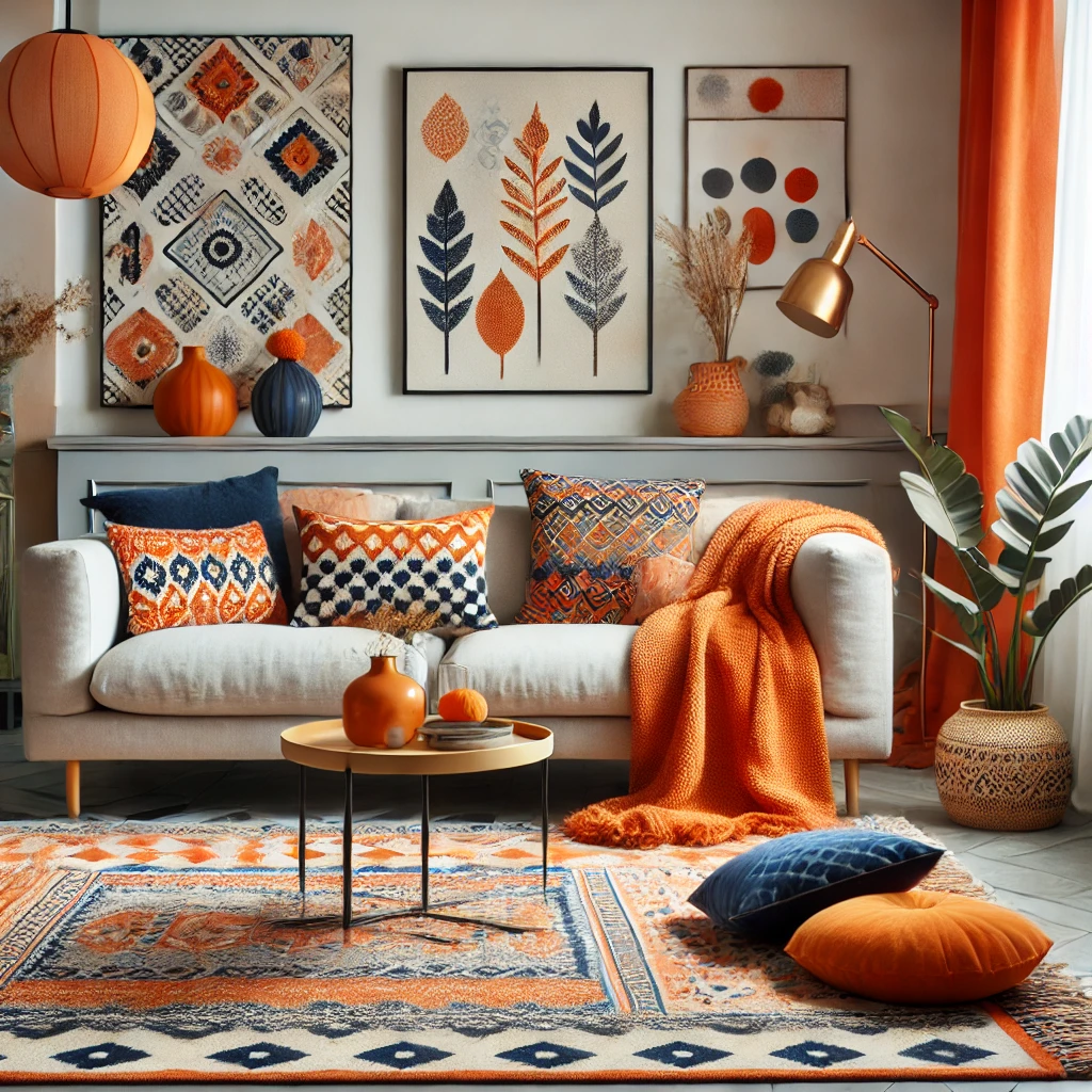 A cozy living space featuring orange and navy decor elements, including a vibrant rug and cushions, paired with a neutral-toned sofa for a dynamic and refreshing vibe