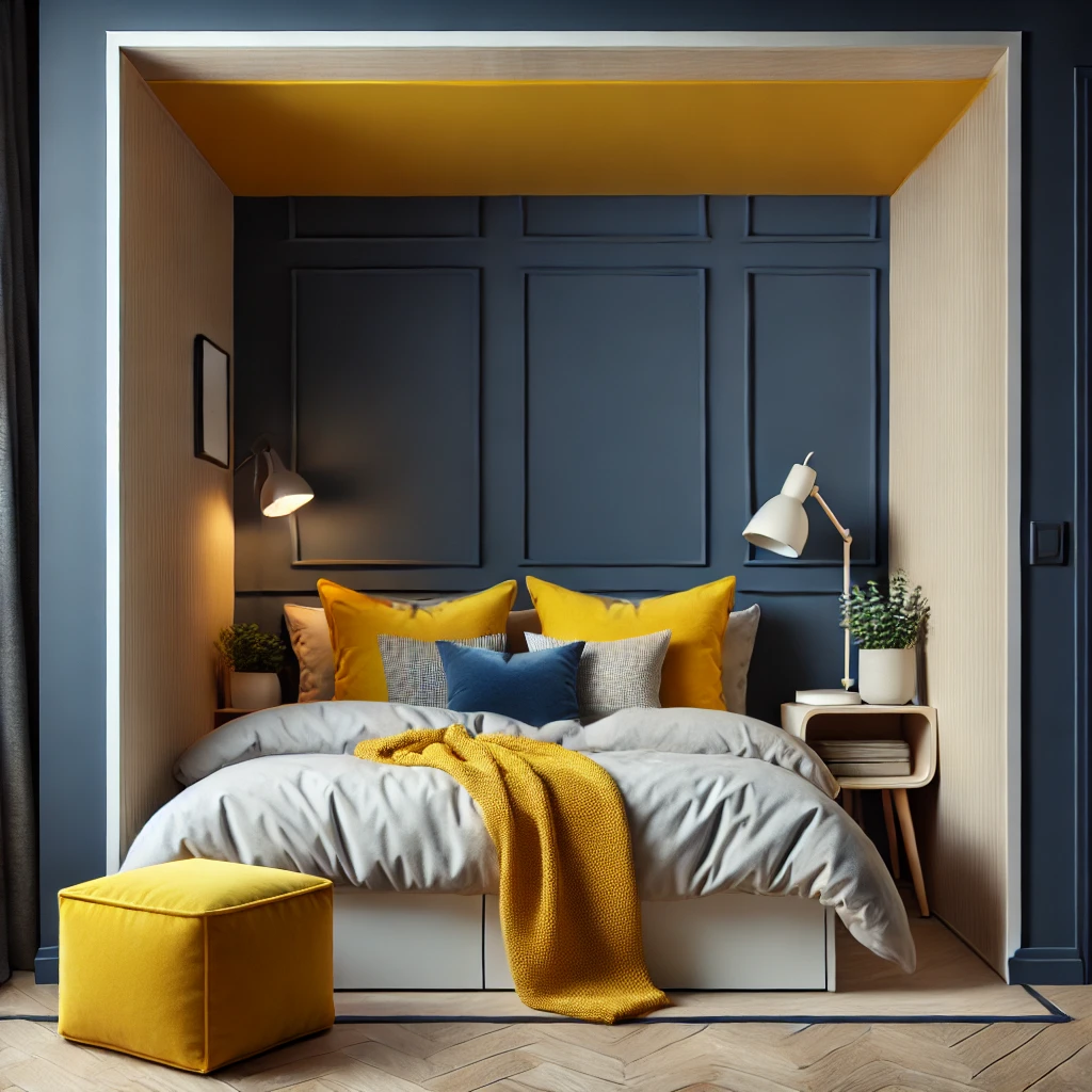 A compact bedroom featuring a navy blue accent wall, bright yellow cushions, and neutral bedding, demonstrating the strategic use of bold colors in small rooms