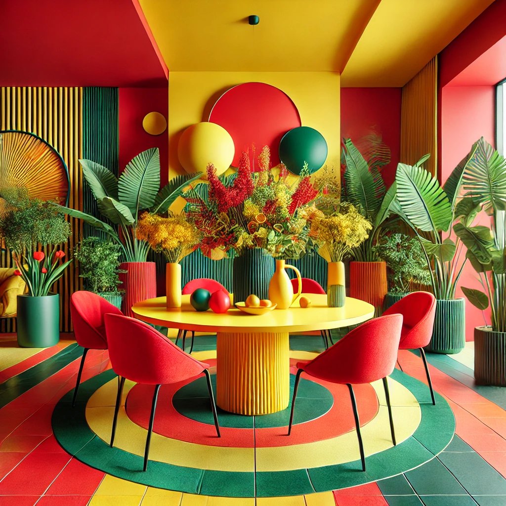 A dining area with red chairs, a yellow centerpiece, and green accents like indoor plants, creating an energetic and inviting atmosphere