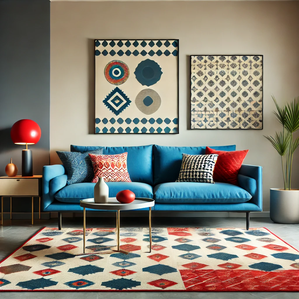 A modern living room with a bright blue sofa, patterned throw pillows, a bold red rug, and neutral walls, demonstrating strategic use of bold colors balanced with neutrals