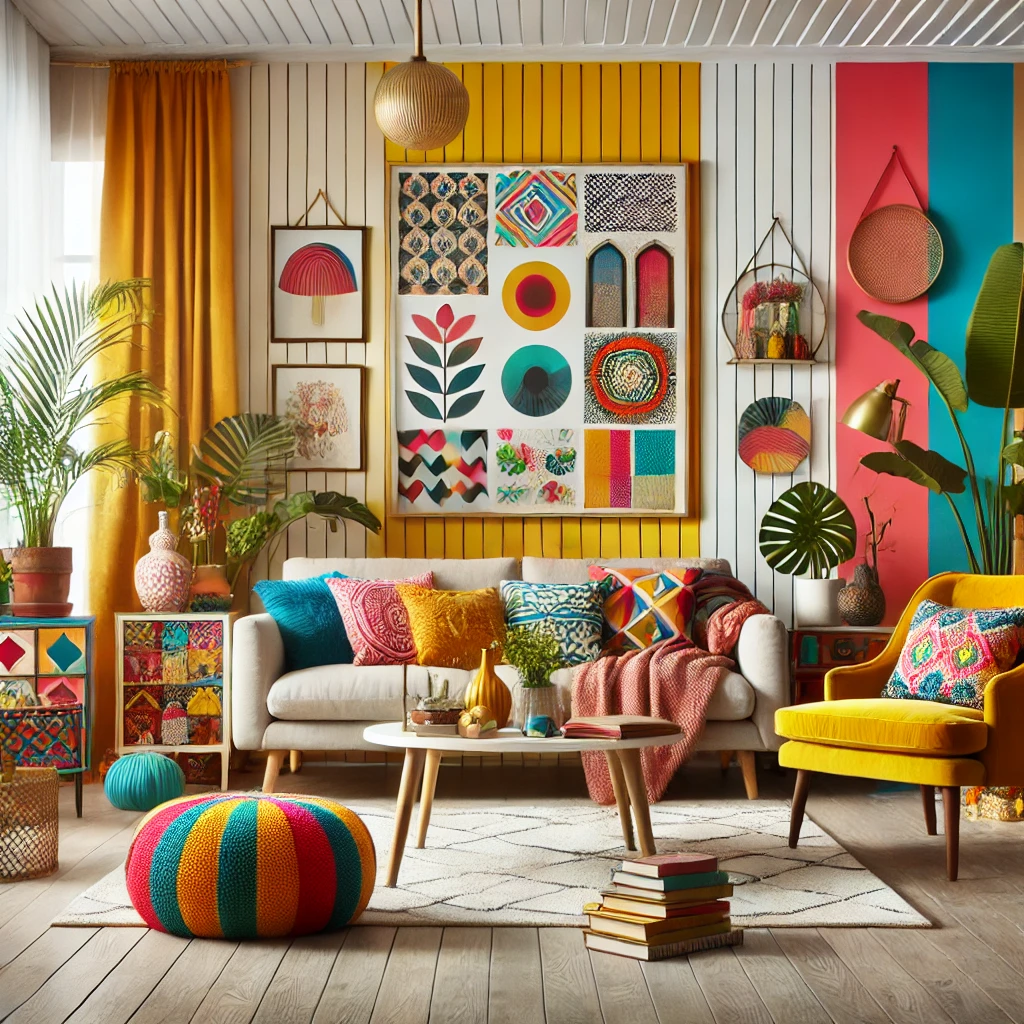 A living room with mismatched bold colors and patterns, overused vibrant decor, and a lack of neutral elements, illustrating common mistakes in using bold colors