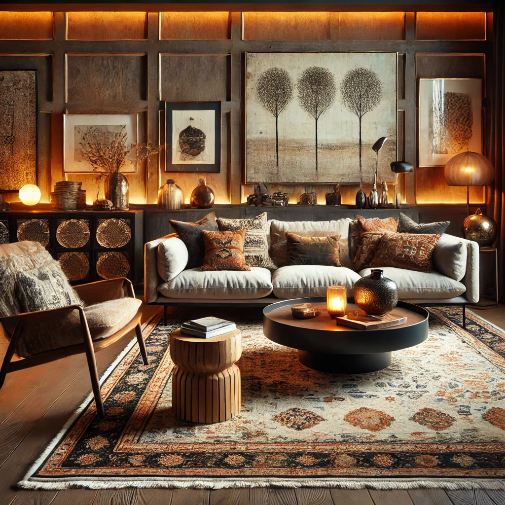 A cozy living room showcasing a vintage rug paired with contemporary furniture, creating a balanced and stylish look