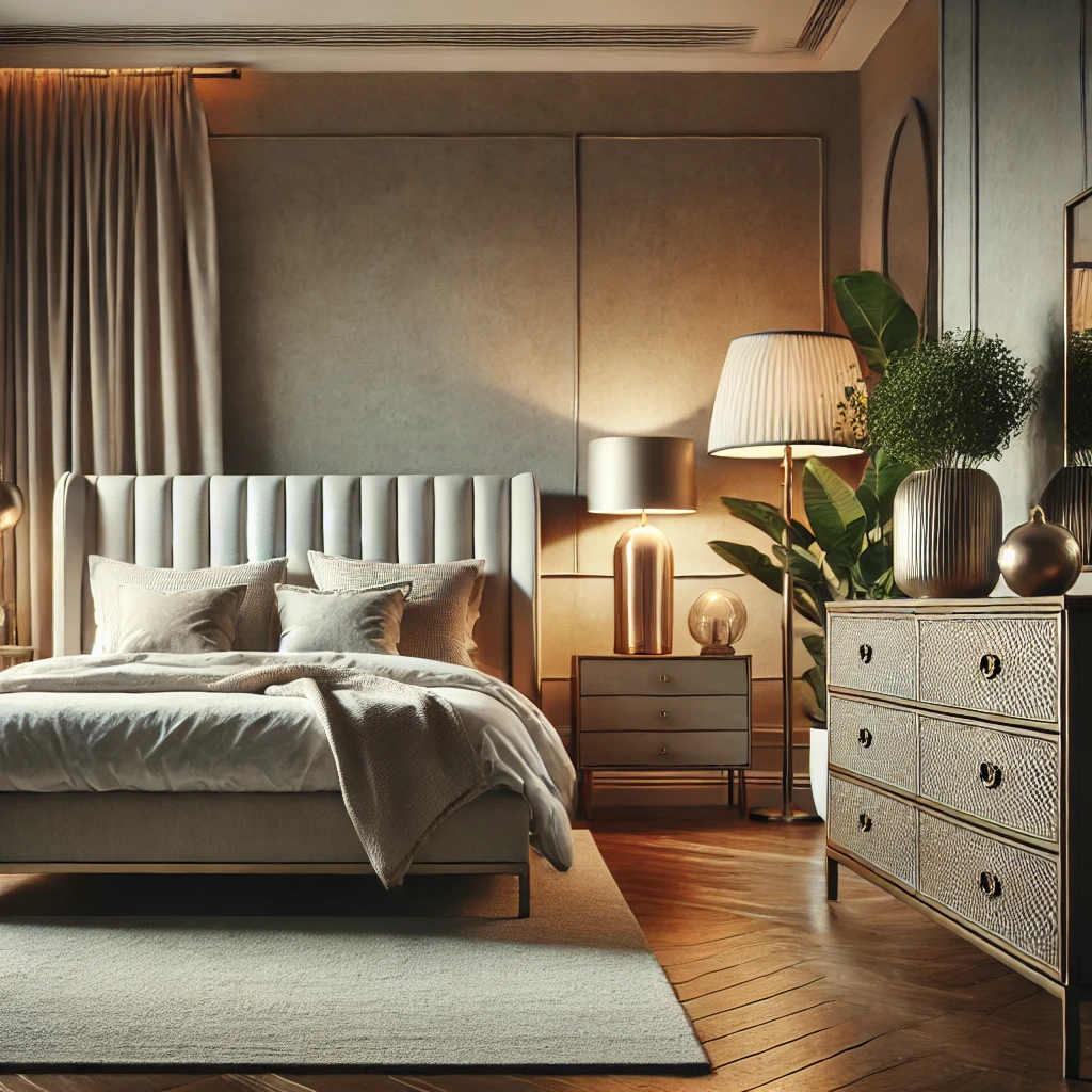 A modern bedroom with a sleek bedframe, complemented by a vintage dresser and antique lamp