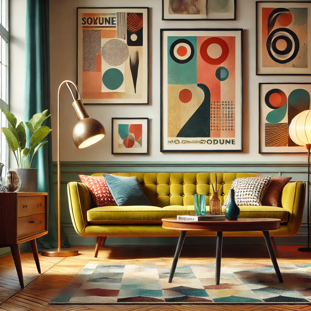 A vibrant living room with a mid-century sofa, a vintage coffee table, and a retro-inspired floor lamp