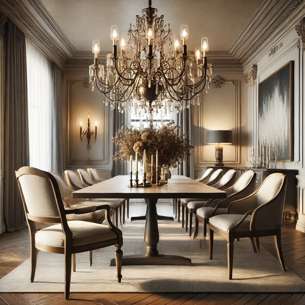 A dining area with a contemporary table paired with vintage chairs and a classic chandelier