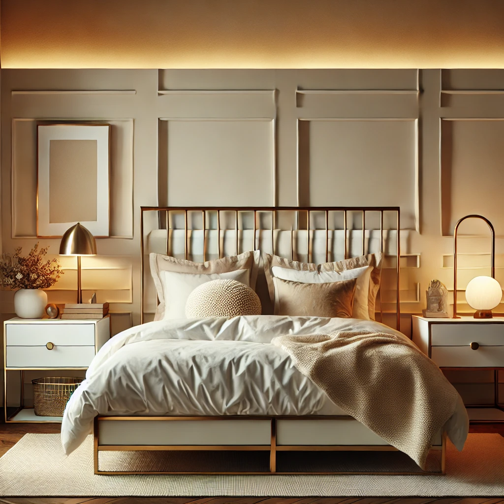 A bedroom featuring a vintage headboard with sleek modern nightstands and neutral bedding