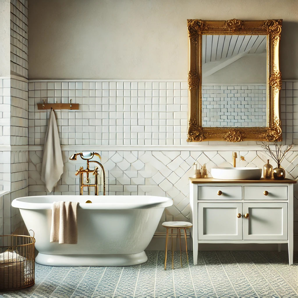 A bathroom with a clawfoot tub, a minimalist vanity, and an antique mirror above the sink