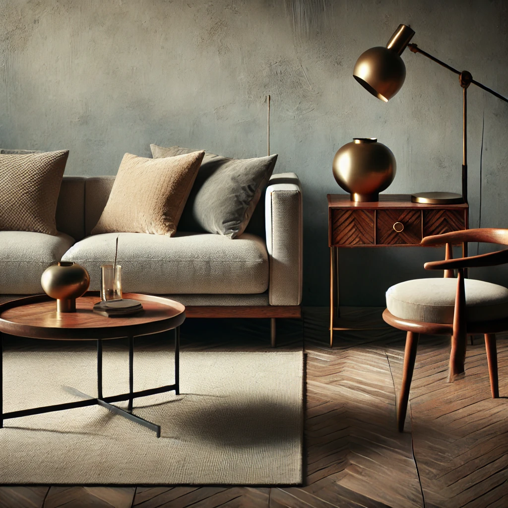 A curated collection of modern and vintage furniture pieces in a well-lit studio setting