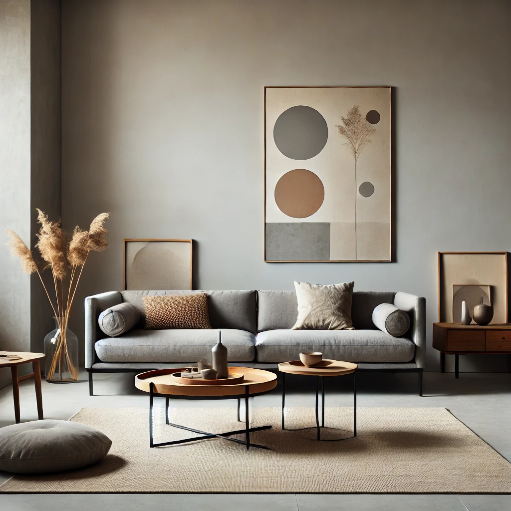 A minimalist living room with a mix of modern and vintage decor, keeping the space uncluttered