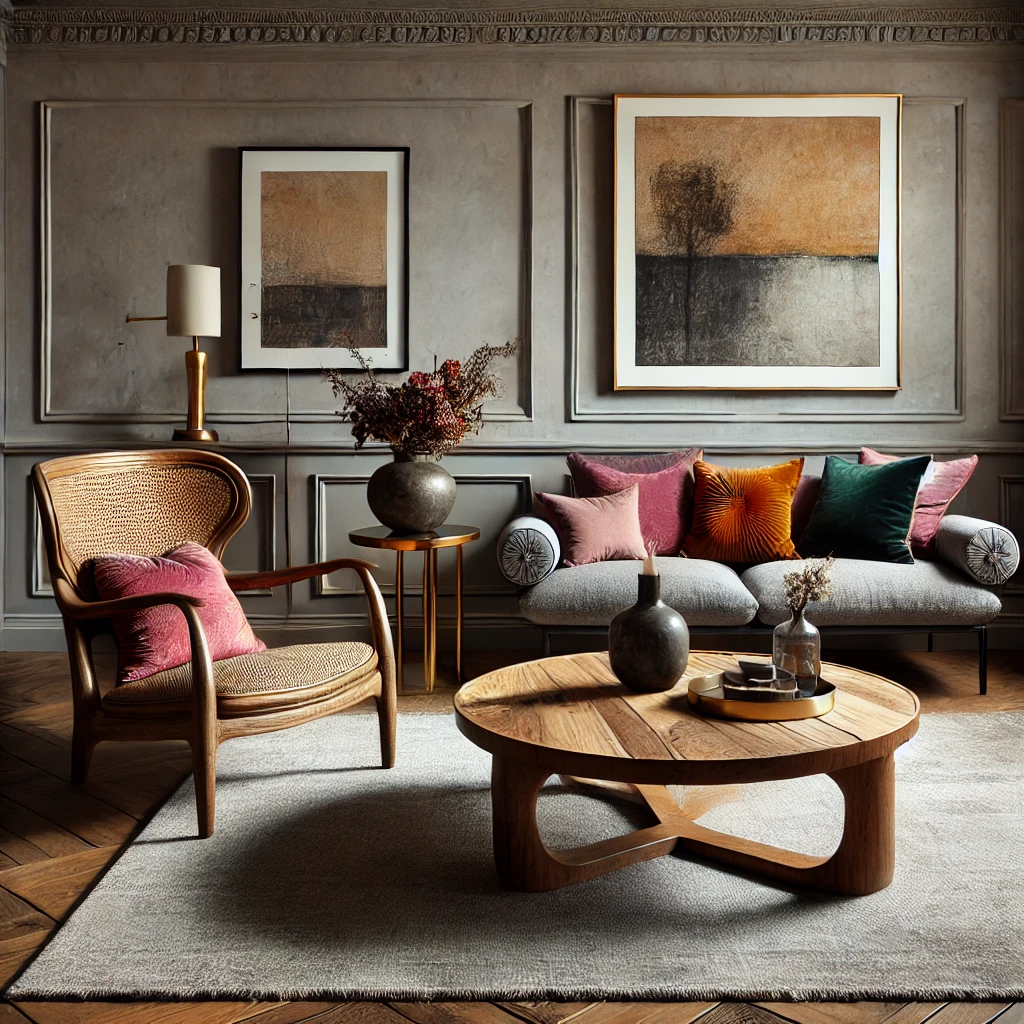 A living room with neutral walls, contrasting textures, and pops of color from modern and vintage elements