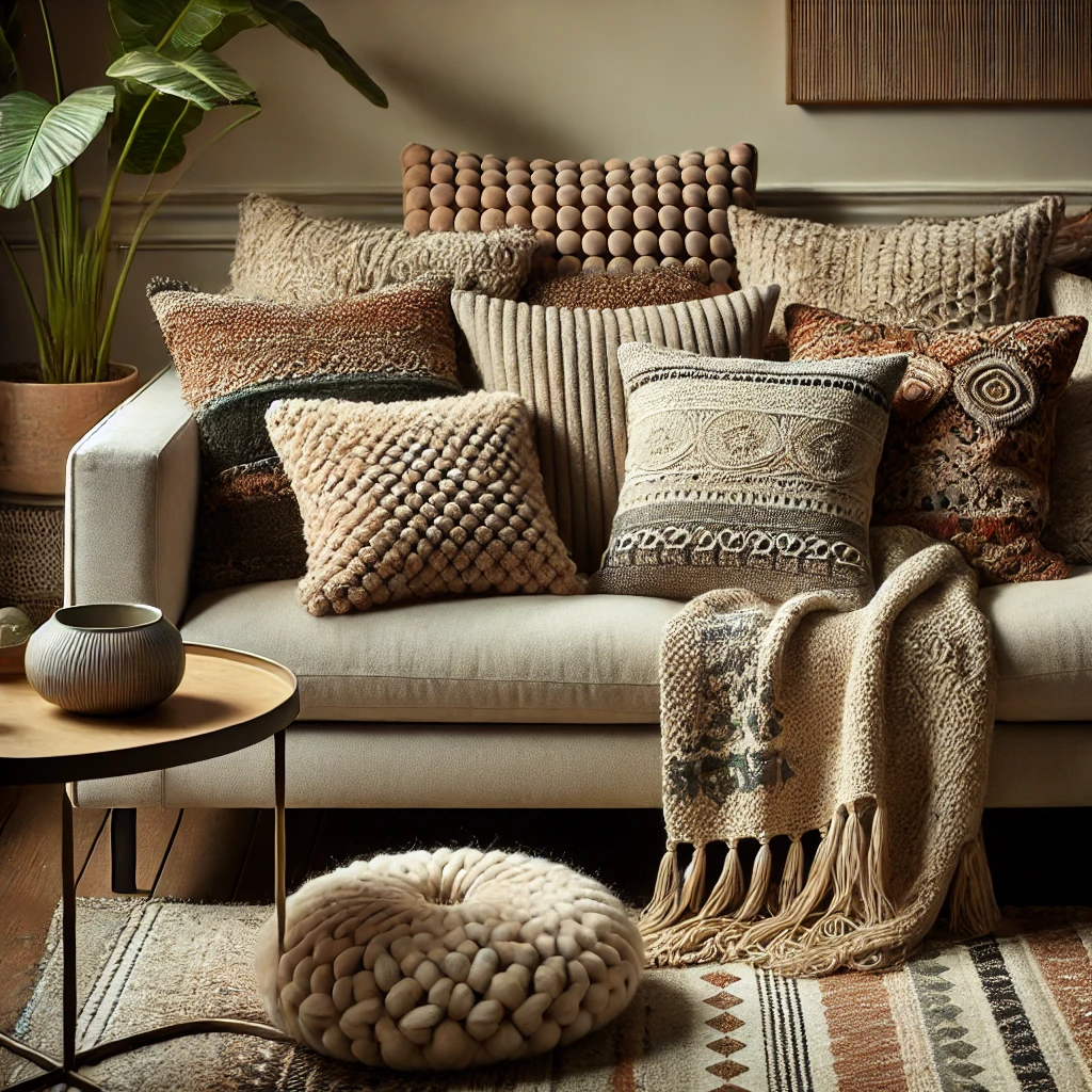 A stylish living room corner featuring textured throw pillows in velvet, boucle, and macrame on a neutral-toned sofa, with a patterned rug and chunky knit blanket adding warmth and charm