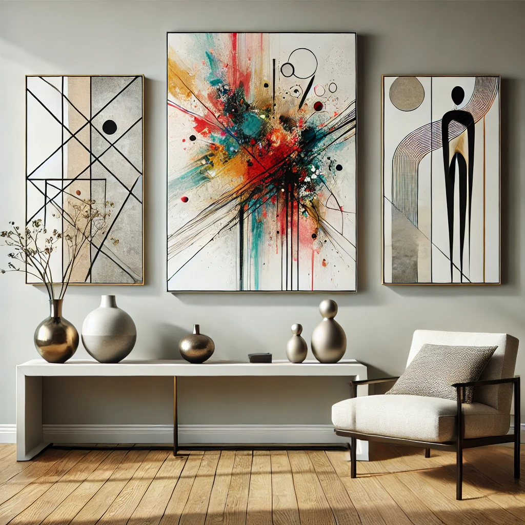 A contemporary living room wall featuring vibrant oversized abstract art with geometric shapes, complemented by minimalist furniture and a sleek console table with decorative accents